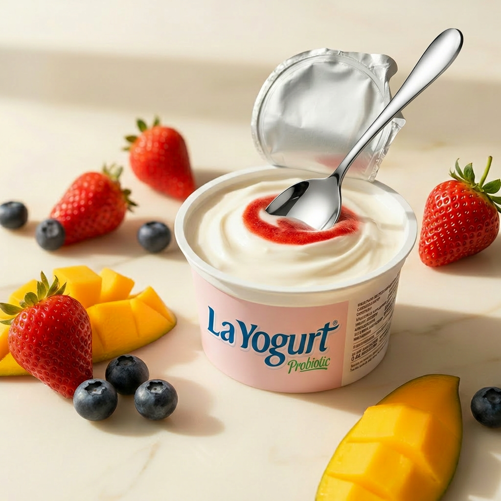 An open cup of La Yogurt Probiotic with a spoon dipping into creamy yogurt swirled with strawberry, surrounded by fresh berries and mango.