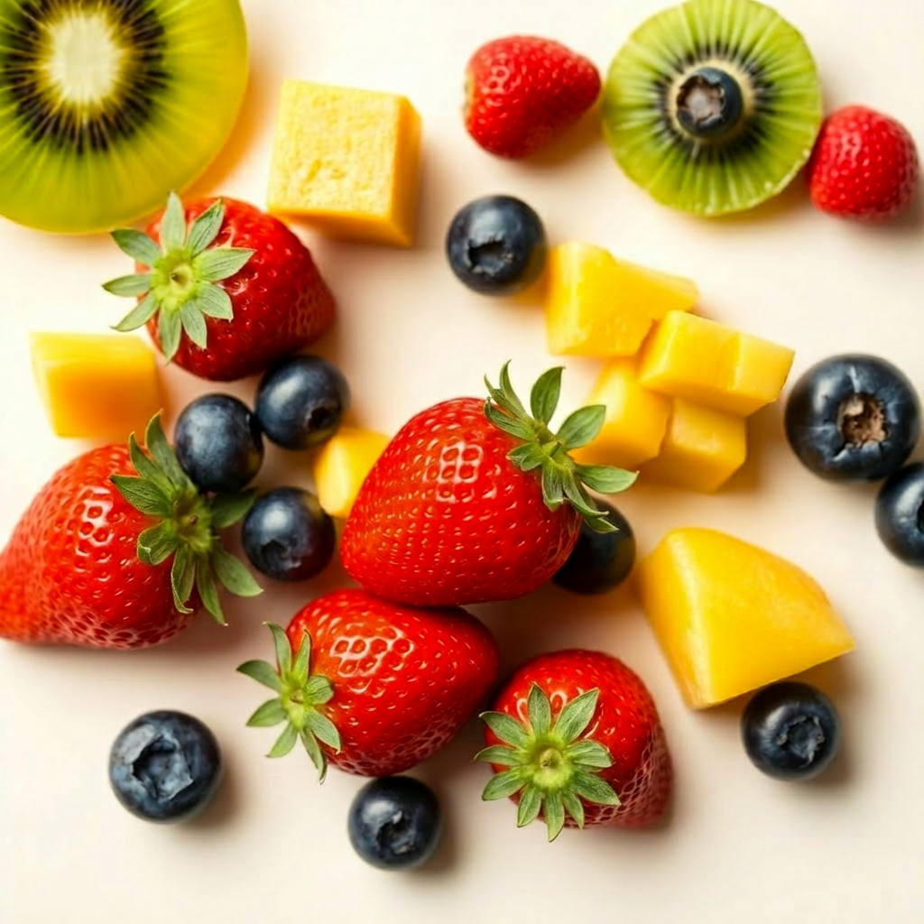 Fresh strawberries, blueberries, mango chunks and kiwi slices on a bright cream surface.